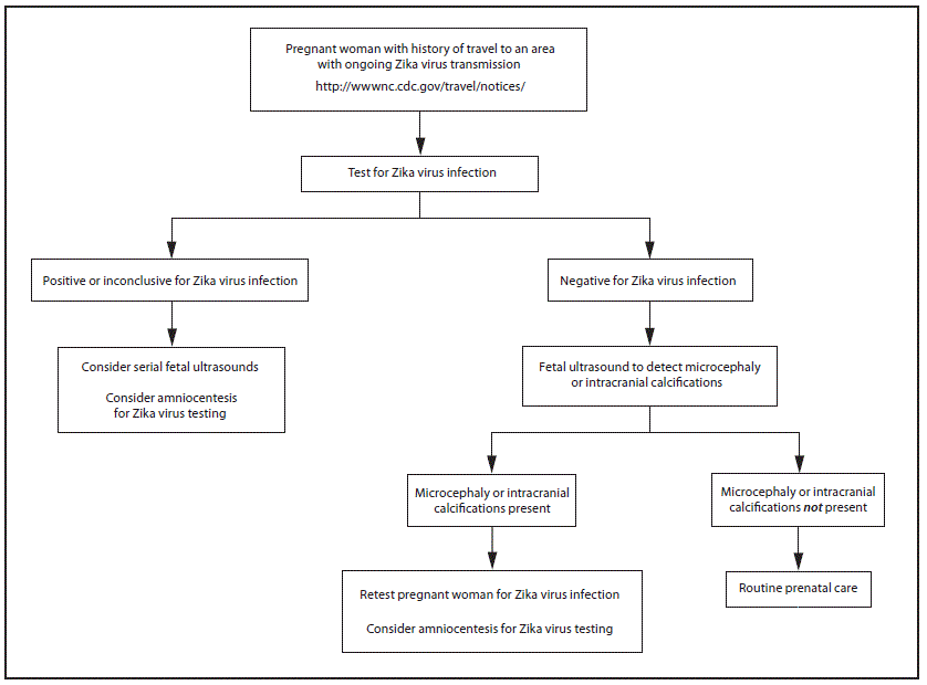 m6505e2f1.gif The figure above is a flow chart showing updated interim guidance on a testing algorithm for a pregnant woman with history of travel to an area with ongoing Zika virus transmission.
