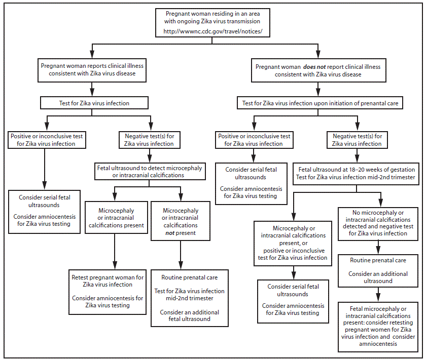 m6505e2f2.gif The figure above is flow chart showing interim guidance on testing algorithm for a pregnant woman residing in an area with ongoing transmission of Zika virus, with or without clinical illness consistent with Zika virus disease.