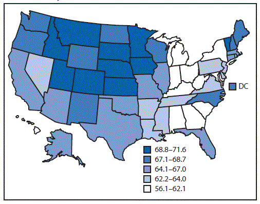 m6506a1f.gif The figure above is a map showing age-adjusted percentage of adults in the United States who reported ≥7 hours of sleep per 24-hour period, by state, during 2014.
