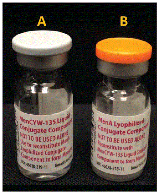 m6506a4f.gif The figure above is a photograph showing labels for the two components of Menveo conjugate meningococcal vaccine, liquid MenCYW-135 (A) and lyophilized MenA (B), both indicating that neither component is to be used alone.