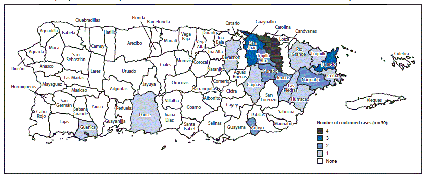 m6506e2f2.gif The figure above is a map of Puerto Rico showing municipality of residence of persons with Zika virus disease during November 23, 2015–January 28, 2016.