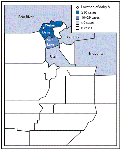 m6512a1f1.gif The figure above is a map showing the location of dairy A and distribution of Campylobacter jejuni cases, by local health department district, in Utah during MayâNovember 2014.