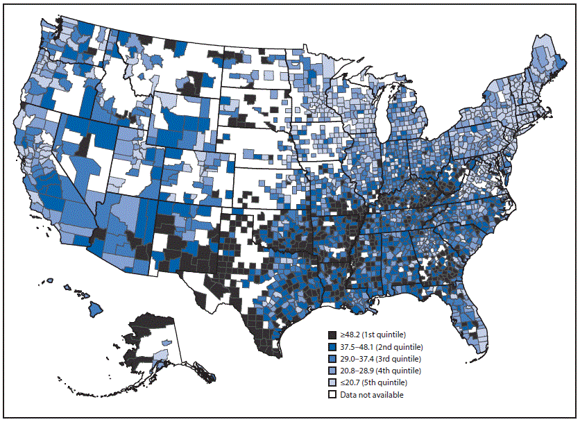 m6516a1f2.gif The figure above is a map showing births per 1,000 females aged 15–19 years, by county of residence, in the United States during 2013–2014.