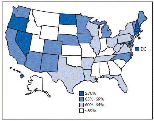 m6533a4f3.gif The figure above is a map of the United States showing estimated vaccination coverage with ≥1 dose of HPV vaccine among female adolescents aged 13–17 years during 2015.