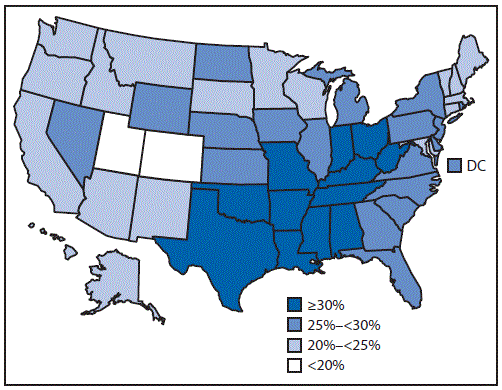 m6536a3f1.gif The figure above is a map of the United States showing the prevalence of self-reported physical inactivity among adults aged â¥50 years during 2014.
