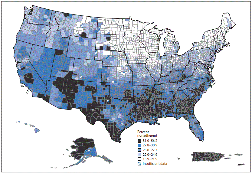 m6536e1f.gif The figure above is a map showing antihypertensive medication nonadherence among Medicare Part D beneficiaries aged ≥65 years, by county, in the United States, Puerto Rico, and U.S. Virgin Islands during 2014.