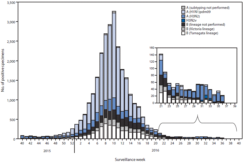 m6537a5f1.gif The figure above is a histogram showing the number of influenza positive tests reported to CDC by public health laboratories, by virus subtype/lineage and week, in the United States during October 4, 2015âSeptember 10, 2016.