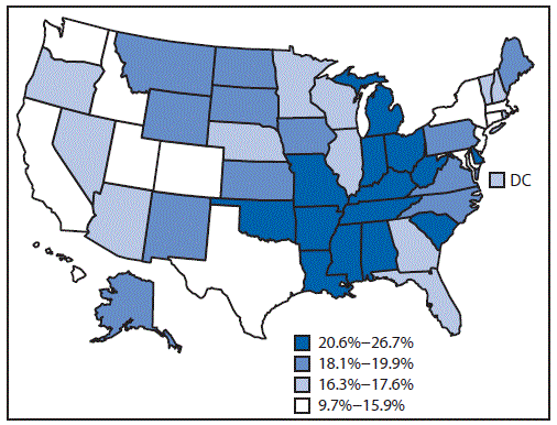 m6539a1f.gif The figure above is a map of the United States showing state-specific prevalence of cigarette smoking among adults aged â¥18 years during 2014.