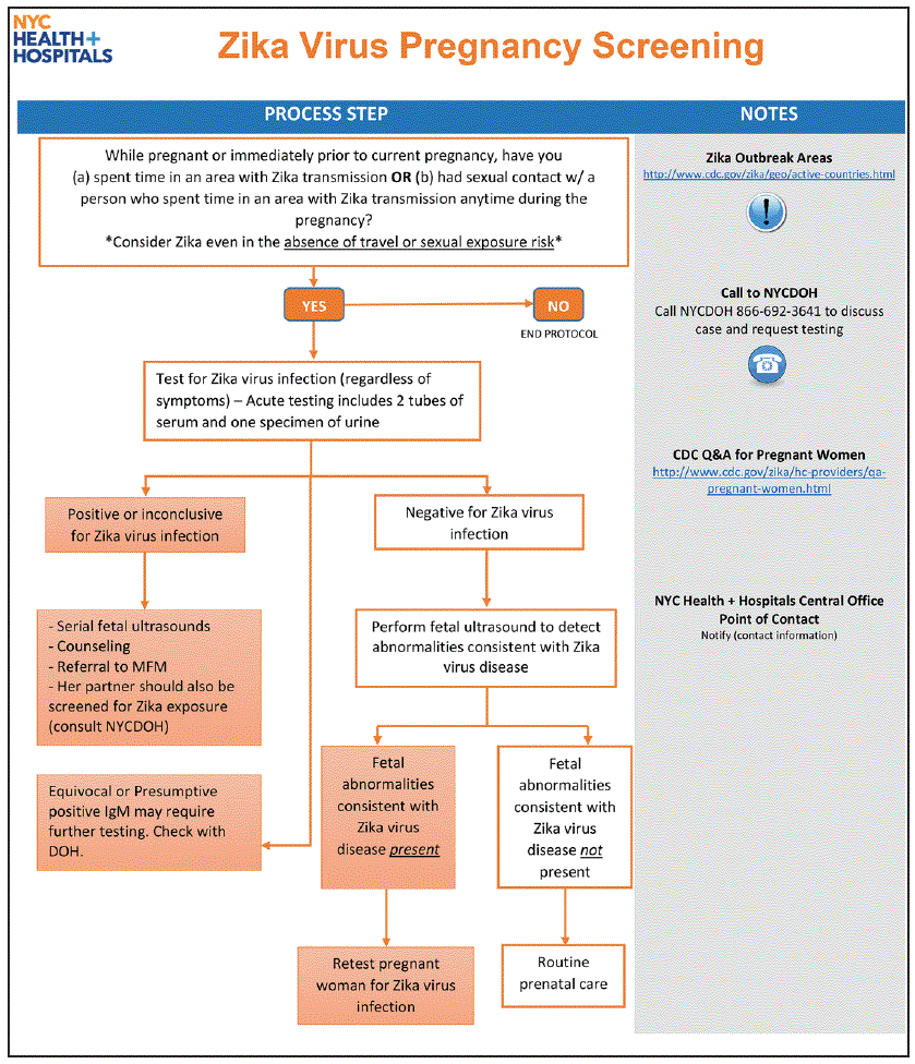 m6542a2f2.gif The figure above is a Zika-specific job aid that references Zika virus pregnancy screening protocol used by NYC Health + Hospitals during 2016.