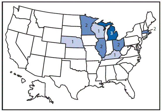 m655051a3f1.gif The figure above is a map of the United States showing the number of persons (n = 14) infected with the outbreak strain of Salmonella Oslo, during March 2âApril 9, 2016.