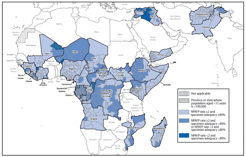 m6613a3f.gif The figure above is a map illustrating locations of the combined performance indicators for the quality of acute flaccid paralysis surveillance in subnational areas (states and provinces) of 26 countries in the World Health Organization African and Eastern Mediterranean Regions that had poliovirus transmission during 2011â2016 or were affected by the Ebola outbreak in West Africa during 2014â2015 in 2016.