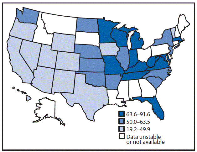 m6614a1f2.gif The figure above is a map showing the age-adjusted hospitalization rate (per 100,000 population) for any-listed diagnosis of Crohnâs disease in the United States in 2013.