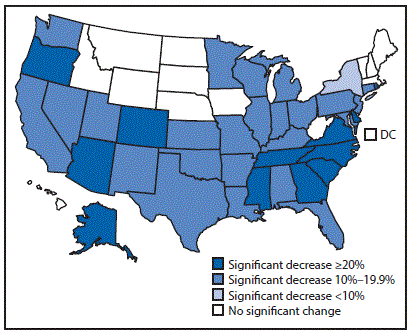 m6616a3f1.gif The figure above is a map of the United States showing the percentage change in repeat teen births, by state, during 2004â2015.
