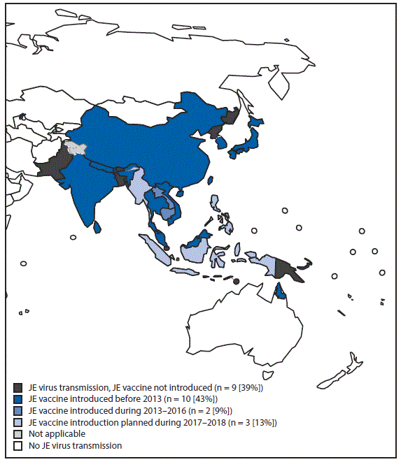 m6622a3f The figure above is a map showing areas with risk for Japanese encephalitis (JE) virus transmission and JE vaccine introduction in 24 countries in Asia and the Western Pacific Region in 2016.