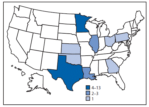 m6625a2f1 The figure above is a map showing the number of persons (N = 32) infected with the outbreak strain of Salmonella Anatum, by state during May 6–July 9, 2016.