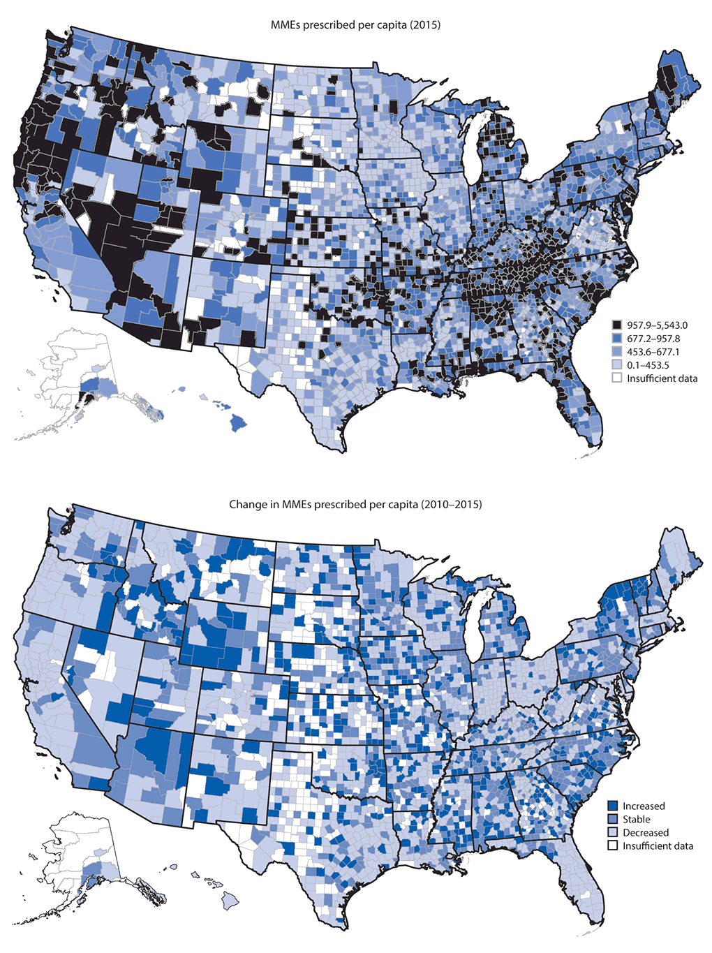 m6626a4f2 The figure above is a set of two maps of the United States showing the morphine milligram equivalents (MMEs) of opioids prescribed per capita in 2015 and change in MMEs per capita during 2010–2015, by county.