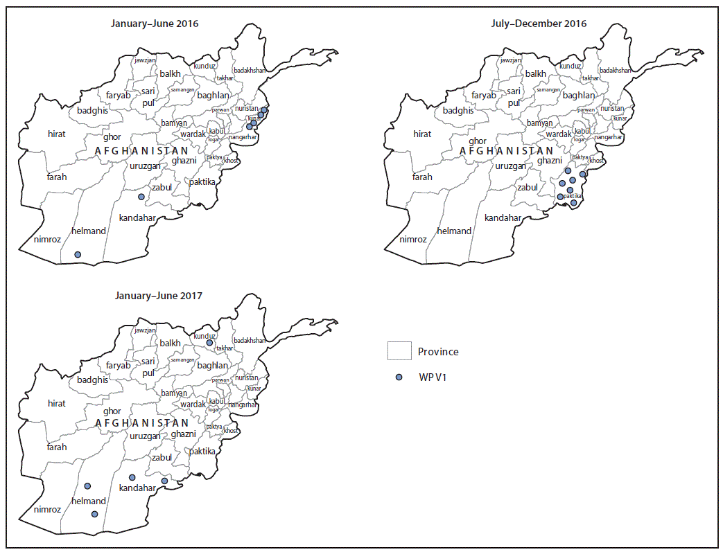 m6632a5f2 The figure above is a map showing the location of cases of wild poliovirus type 1 (WPV1), by province, in Afghanistan during January 2016–June 2017.