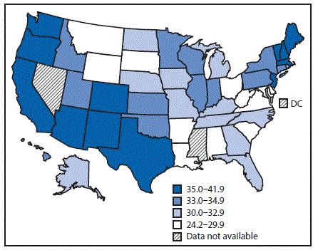 m6636a3f1 The figure above is a map of the United States showing annual age-adjusted rates of acute lymphoblastic leukemia among persons aged <20 years, by state, in the United States during 2001–2014.