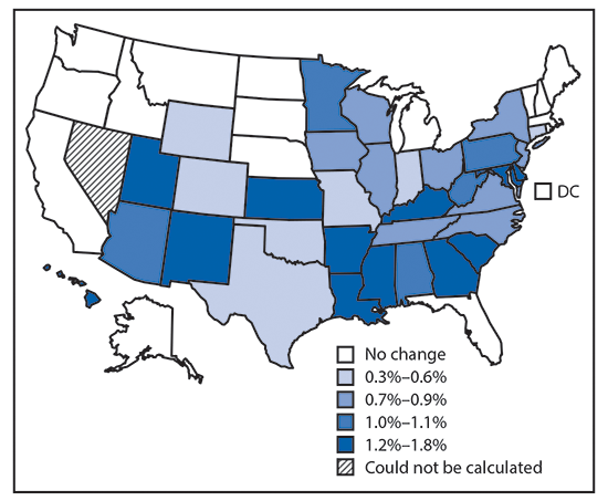 m6639e1f2 The figure above is a map showing the average annual percent change in incidence of overweight- and obesity-related cancers by quartile in the United States during 2005–2014.