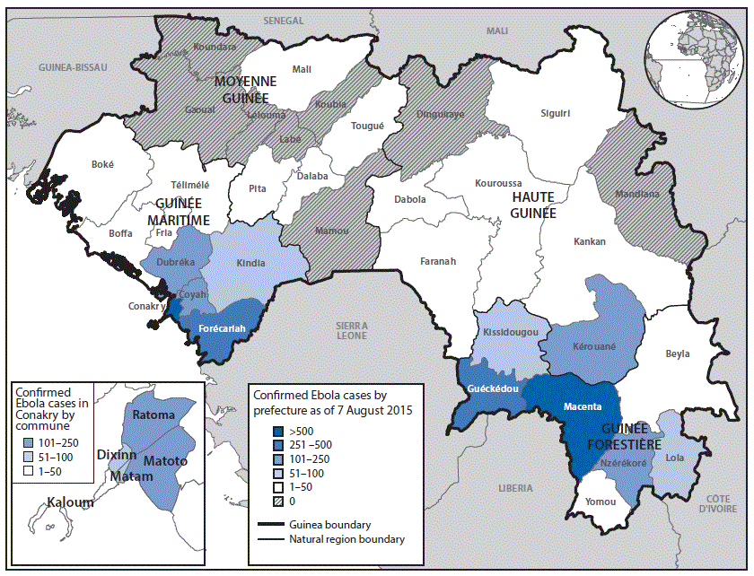 m6641a4f The figure above is a map of Guinea showing the cumulative number of confirmed cases of Ebola virus disease, by natural region and administrative prefecture, as of August 7, 2015.