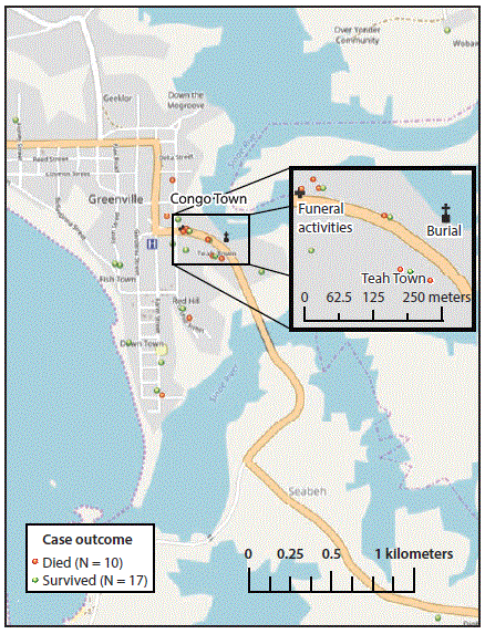 m6642a4f2 The figure above is a spot map showing the cases and location of funeral events after an unexplained cluster of illnesses and deaths in Sinoe County, Liberia during April–May, 2017.
