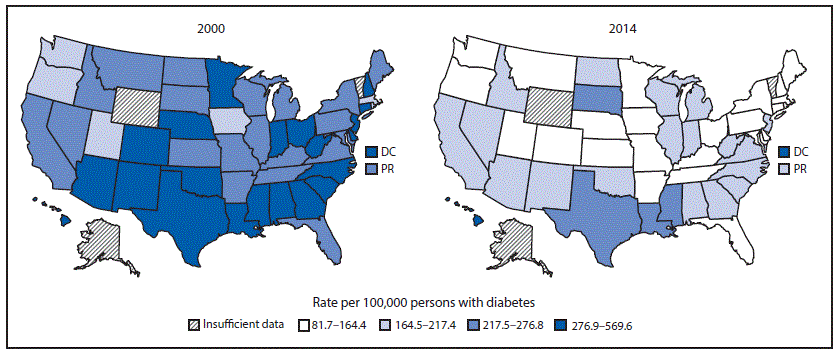 m6643a2f2 The figure above is a map of U.S. states, the District of Columbia, and Puerto Rico showing the age-standardized incidence of end-stage renal disease attributed to diabetes among adults aged ≥18 years with diagnosed diabetes, by state or territory in 2000 and 2014.