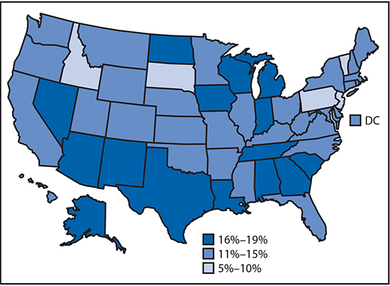 m6647e1f1 The figure above is a map of the United States showing the percentage of undiagnosed human immunodeficiency virus (HIV) infections among persons aged ≥13 years living with diagnosed or undiagnosed HIV Infection, by state, in 2015.