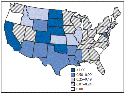 m6602a3f.gif The figure above is a map of the United States showing the rate of reported cases of West Nile virus neuroinvasive disease during 2015.
