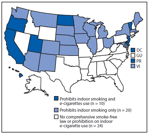 mm6649a1-F1 The figure above is a map of the United States showing States and territories with and without laws prohibiting smoking and use of e-cigarettes in indoor areas of private worksites, restaurants, and bars, in the United States as of September 30, 2017.