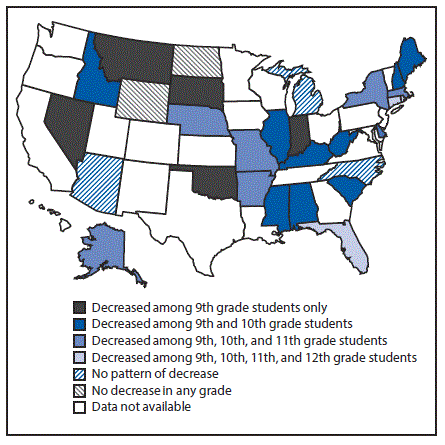 mm665152a1-F2 The figure above is a map of the United States showing trends in prevalence of ever having had sexual intercourse among high school students, by grade within state for 29 states, based on data from the Youth Risk Behavior Surveys for 29 States during 2005–2015.