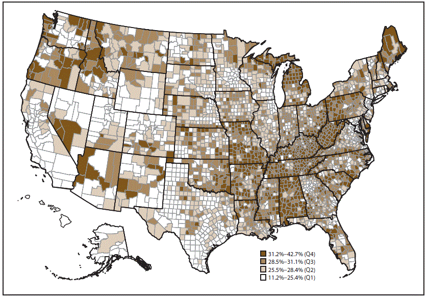 ss6704a1-F1 Map of the United States indicates prevalence of arthritis among adults aged 18 years and older, by county. The data source is the 2015 Behavioral Risk Factor Surveillance System.