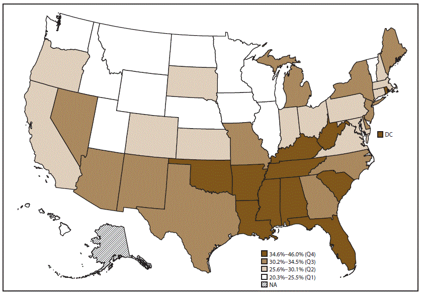 ss6704a1-F4 Map of the United States indicates prevalence of arthritis-attributable severe joint pain among adults aged 18 years and older with arthritis, by state. The data source is the 2015 Behavioral Risk Factor Surveillance System.