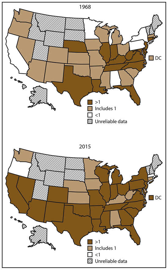 ss6705a1-F4 Figure 4 consists of two maps of the United States showing black-white heart disease death mortality ratios among adults aged ≥35 years in 1968 and 2015