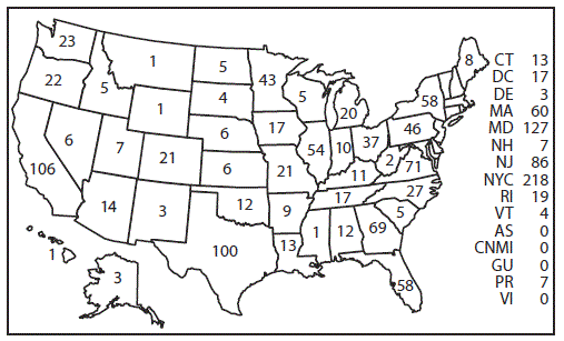 ss6707a1-F3 This figure is a map of the United States that shows the number of malaria cases diagnosed in each state and territory in 2015.