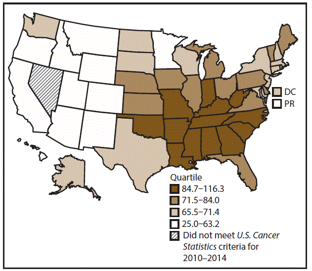 ss6712a1-F1 This figure is a U.S. map showing the incidence rates for male lung, bronchial, and tracheal cancers for 2010–2014.