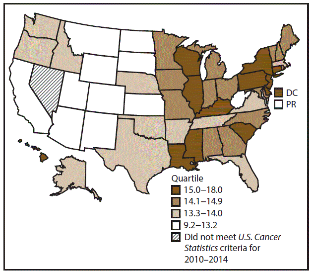 ss6712a1-F15 This figure is a U.S. map showing the incidence rates for male pancreatic cancer for 2010–2014.