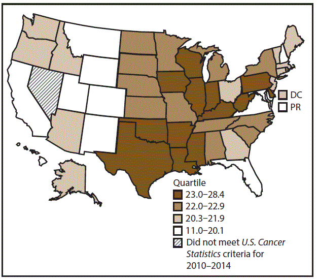 ss6712a1-F17 This figure is a U.S. map showing the incidence rates for male kidney and renal pelvis cancers for 2010–2014.
