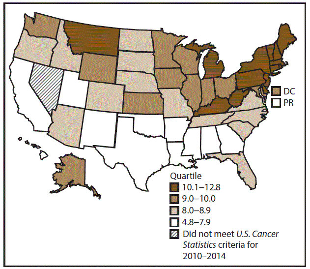 ss6712a1-F20 This figure is a U.S. map showing the incidence rates for female urinary bladder cancer for 2010–2014.