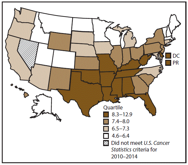 ss6712a1-F21 This figure is a U.S. map showing the incidence rates for cervical cancer for 2010–2014.