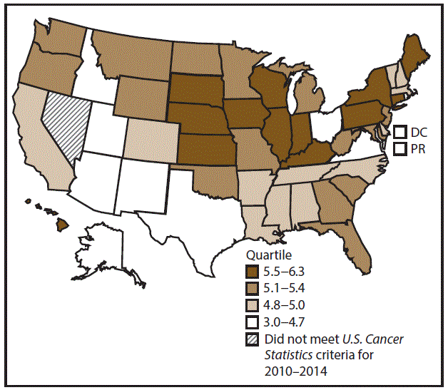 ss6712a1-F22 This figure is a U.S. map showing the incidence rates for male acute myeloid leukemia for 2010–2014.