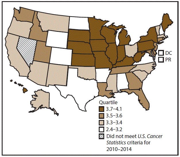 ss6712a1-F23 This figure is a U.S. map showing the incidence rates for female acute myeloid leukemia for 2010–2014.