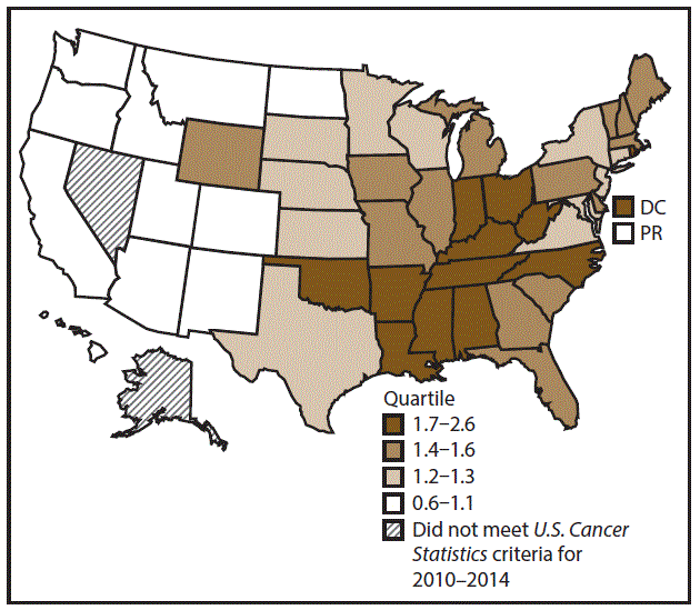 ss6712a1-F4 This figure is a U.S. map showing the incidence rates for female laryngeal cancer for 2010–2014.