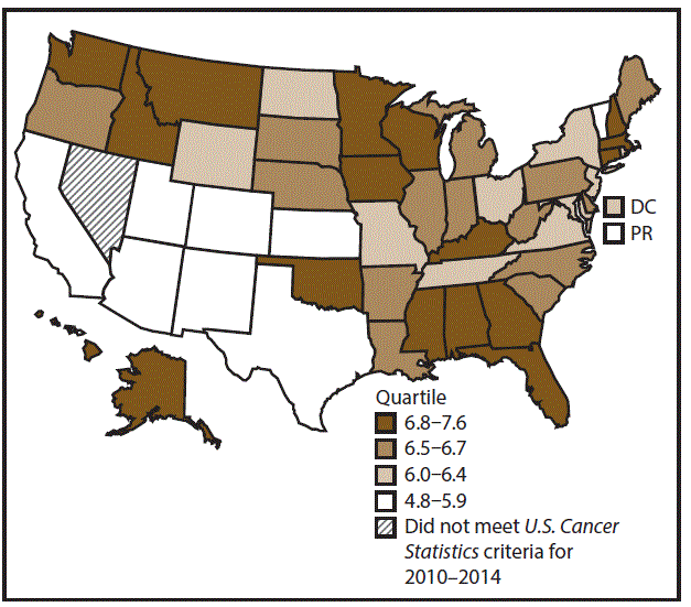 ss6712a1-F6 This figure is a U.S. map showing the incidence rates for female oral cavity and pharyngeal cancers for 2010–2014.
