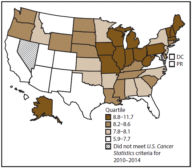 ss6712a1-F7 This figure is a U.S. map showing the incidence rates for male esophageal cancer for 2010–2014.
