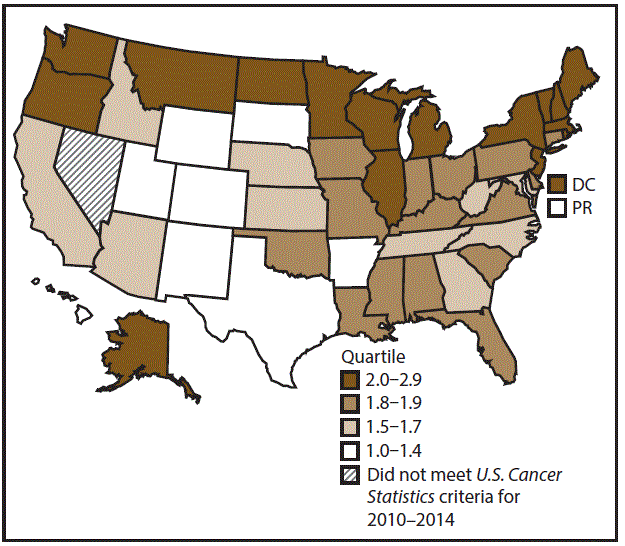 ss6712a1-F8 This figure is a U.S. map showing the incidence rates for female esophageal cancer for 2010–2014.