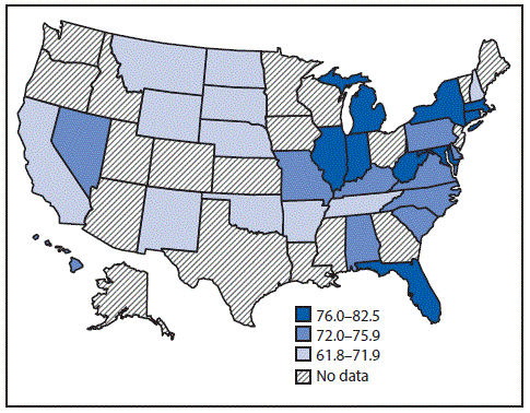 mm6703a1-F The figure above is a U.S. map showing prevalence of short sleep duration on an average school night among high school students, by state, based on data from the 2015 Youth Risk Behavior Survey.