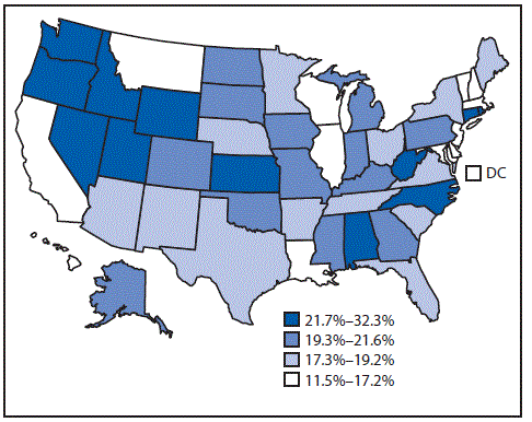 mm6703a3-F The figure above is a map of the United States showing that the proportion of current cigarette smokers who reported concurrent use of a noncigarette tobacco product ranged from 11.5%26#37; in Delaware to 32.3%26#37; in Oregon.