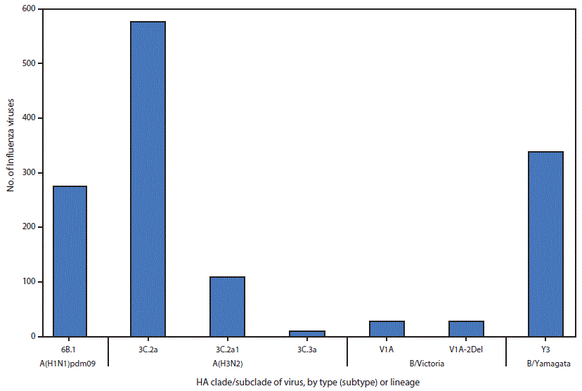 mm6706a1-F3 The figure above is a bar chart showing genetic characterization of viruses in the United States collected during October 1, 2017–February 3, 2018.