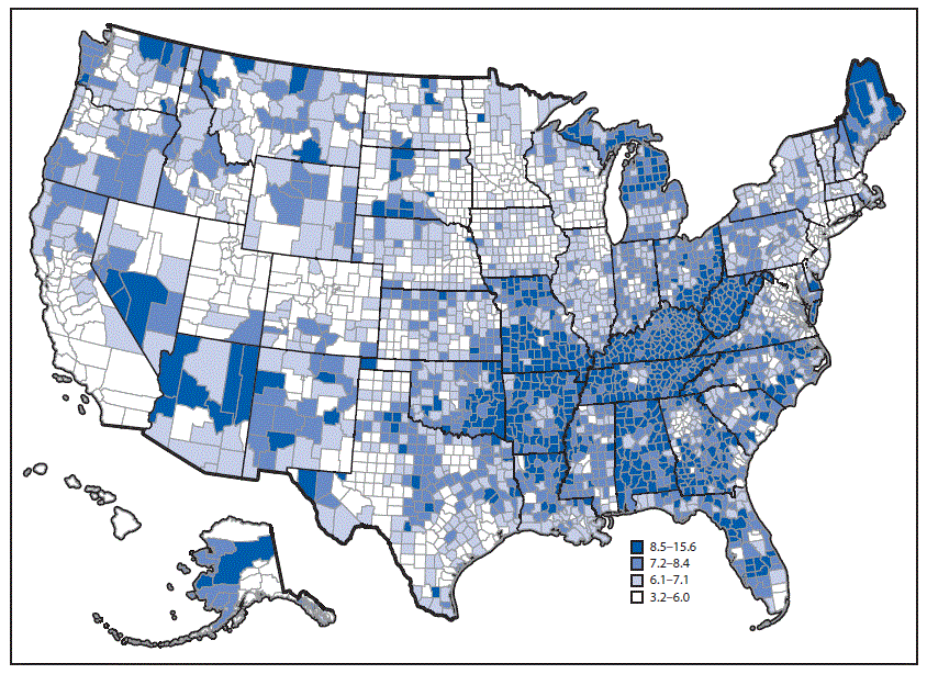 mm6707a1-F The figure above is a U.S. map showing the unadjusted prevalence of diagnosed chronic obstructive pulmonary disease among adults aged ≥18 years, by county, in 2015.