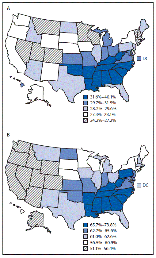 mm6707a4-F The figure above consists of two U.S. maps showing the age-standardized prevalence of self-reported hypertension among adults and the use of antihypertensive medication among adults with self-reported hypertension, by state and the District of Columbia, using 2015 data from the Behavioral Risk Factor Surveillance System.